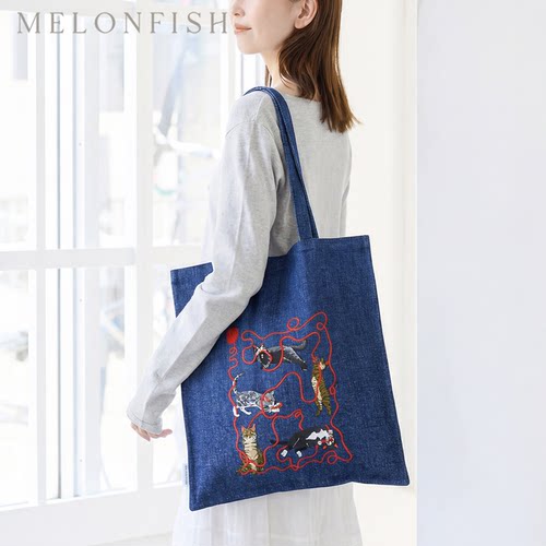Melonfish猫咪刺绣帆布托特包