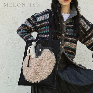 MELONFISH西瓜鱼原创羊羔毛绒牛仔包女2025新款 托特包百搭小羊