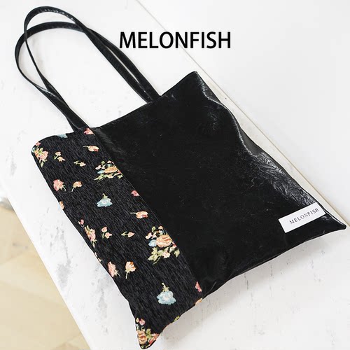 MELONFISH黑拼丝绒提花托特包