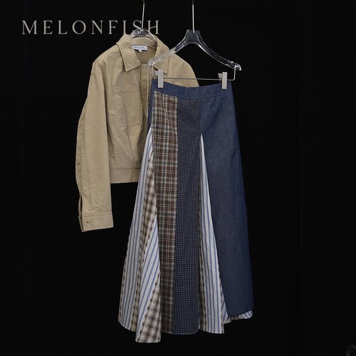 【牛仔拼布】MELONFISH春季新品学院风进口纯棉拼布半身裙A字裙