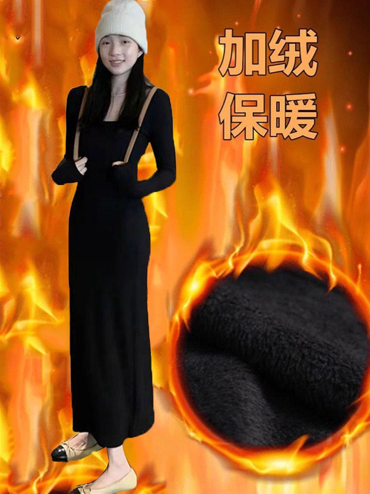 【350克棉加绒加厚】赫本风黑色内搭连衣裙2023新款法式包臀长裙