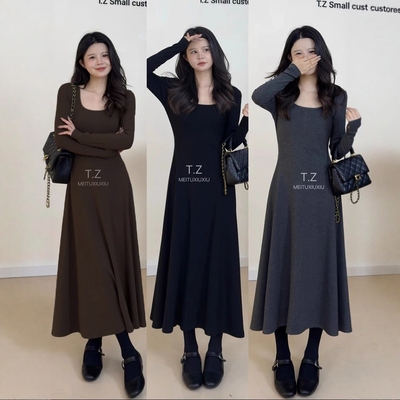 【棉磨毛高品质】2025春内搭连衣裙女长袖打底裙收腰显瘦a字长裙