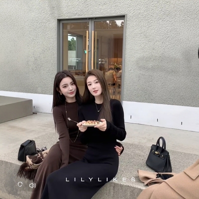 【270克棉磨毛】纯色圆领长袖连衣裙辣妹修身包臀显瘦长裙女