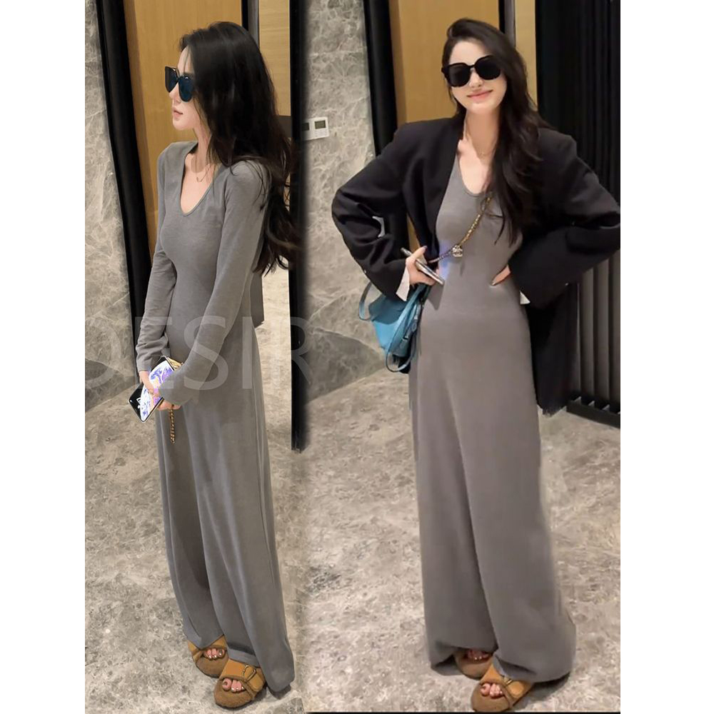 270克棉磨毛【秋】新款极简百搭VU领纯色长袖修身显瘦大A连衣裙