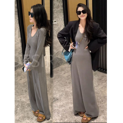 270克棉磨毛【秋】新款极简百搭VU领纯色长袖修身显瘦大A连衣裙