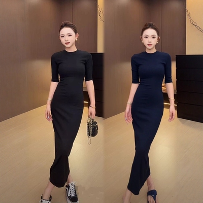 【棉罗纹】2025秋新款长裙简约修身五分袖连衣裙黑色长裙藏青色