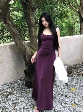 【棉高品质】紫色无袖吊带连衣裙女夏修身收腰显瘦气质包臀长裙