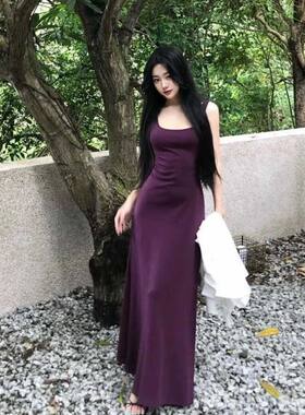 【棉高品质】紫色无袖吊带连衣裙女夏修身收腰显瘦气质包臀长裙