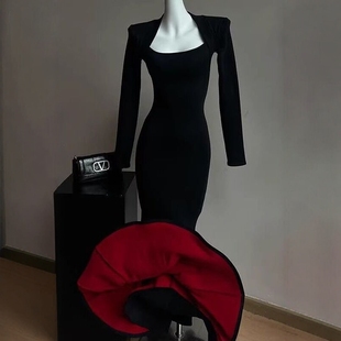 【红底加厚复合绒】秋冬步步生莲方领显瘦百搭包臀鱼尾裙气质长裙