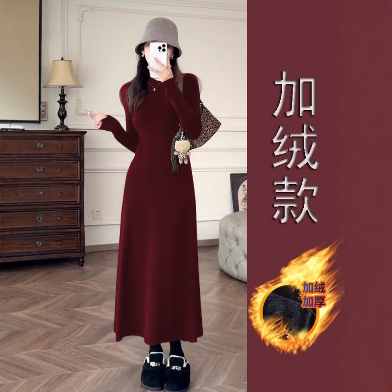 【2025新年战衣】棉加绒加厚安卡拉红修身长款连衣裙女显瘦长裙