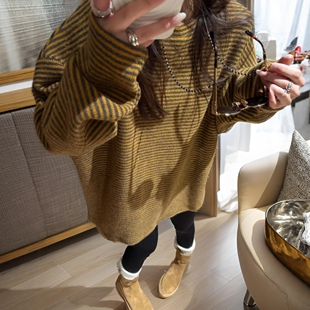 奶油绒感黄黑粗针条纹长袖T恤女冬季设计感宽松百搭上衣长版卫衣