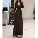 收腰修身 时尚 2025秋冬咖长连衣裙细腰喇叭袖 秋冬 棉磨毛高品质