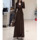 棉磨毛高品质 2025秋冬咖长连衣裙细腰喇叭袖 时尚 收腰修身 秋冬