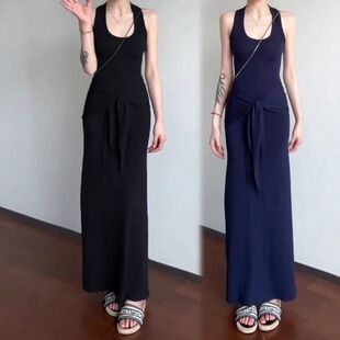 配披肩2025夏藏青色纯欲辣妹U领工字背心连衣裙长裙显瘦修身女装