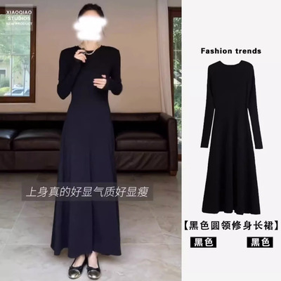 棉质黑色长袖连衣裙赫本风小黑裙