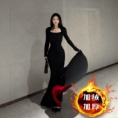 红底加厚复合绒 秋冬步步生莲方领显瘦百搭包臀鱼尾裙气质长裙