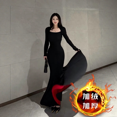 【红底加厚复合绒】秋冬步步生莲方领显瘦百搭包臀鱼尾裙气质长裙