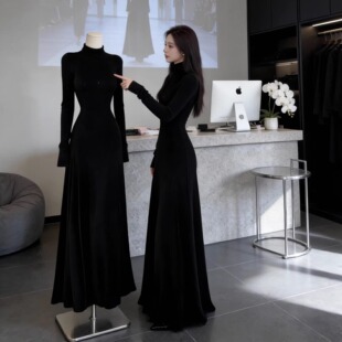 复古高领黑色长袖 新款 质感简约连衣长裙打底裙 330克棉一体绒