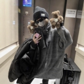 表层绒毛感 像一件粗针毛衣一样条纹T恤裙2025秋冬宽松韩系连衣裙