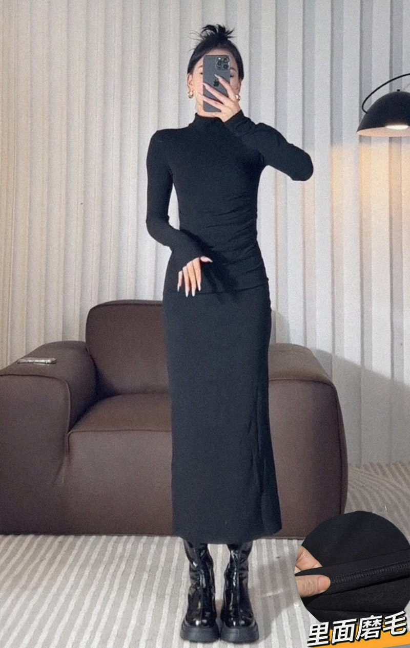 【棉磨毛高品质】欧美风半高领褶皱显瘦百搭长裙修身包臀连衣裙