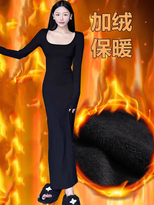 【330克棉加绒加厚保暖】显瘦黑色显瘦长款收腰长袖连衣裙长裙