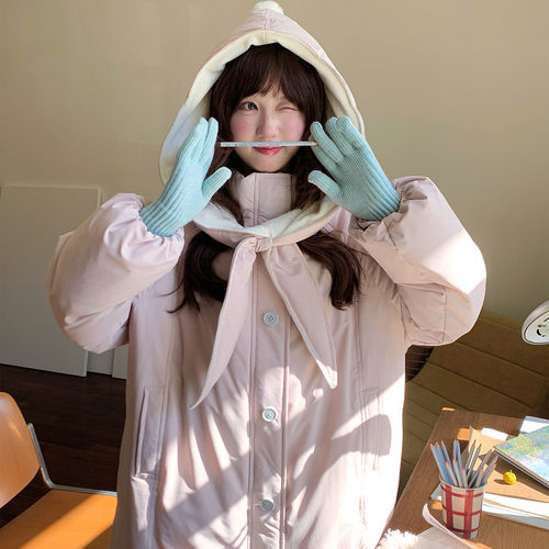 网图木茶MUCHA 奶黄小兔 长款棉衣棉服女冬季保暖加厚宽松外套