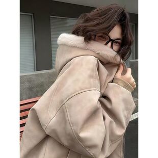PU皮黑色连帽座山雕棉服男女款冬季加绒短款工装外套美式复古棉衣