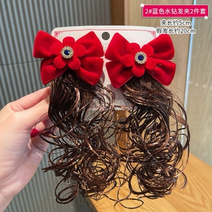 儿童发卡头饰小女孩头花可爱假发辫子表演蝴蝶结发夹新年过年发饰