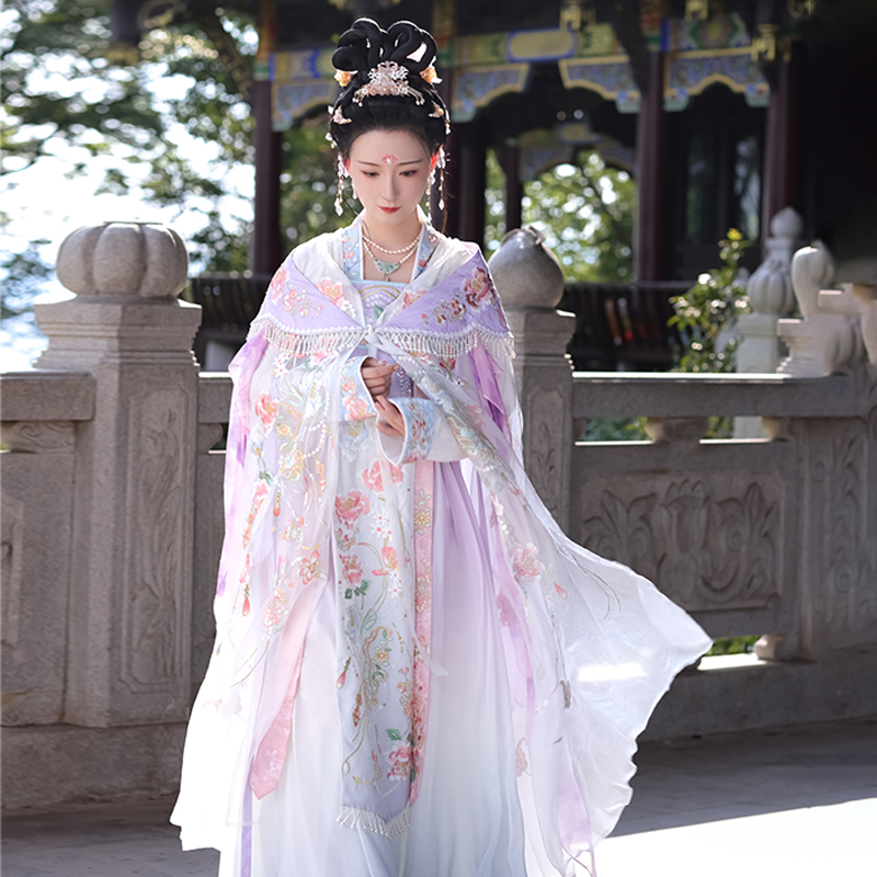 衔泥小筑汉服晚唐五代 仙鸾曲蓝紫色 云肩斗篷齐胸裙片裙飘逸超仙