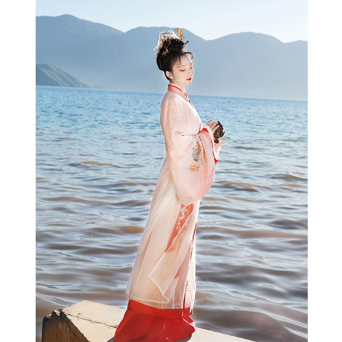 衔泥小筑汉晋风格原创日常汉服女装刺绣直裾纱衣禪衣长系带枫染