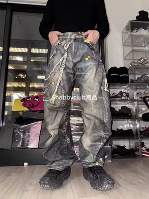 男女同款AC牛25ss2006F糖果链条3D错觉印花1981m直筒弯刀牛仔裤