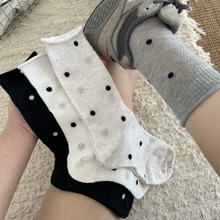 薄款 日系少女波点卷边袜子女中筒袜ins夏季 镂空网眼透气堆堆袜女