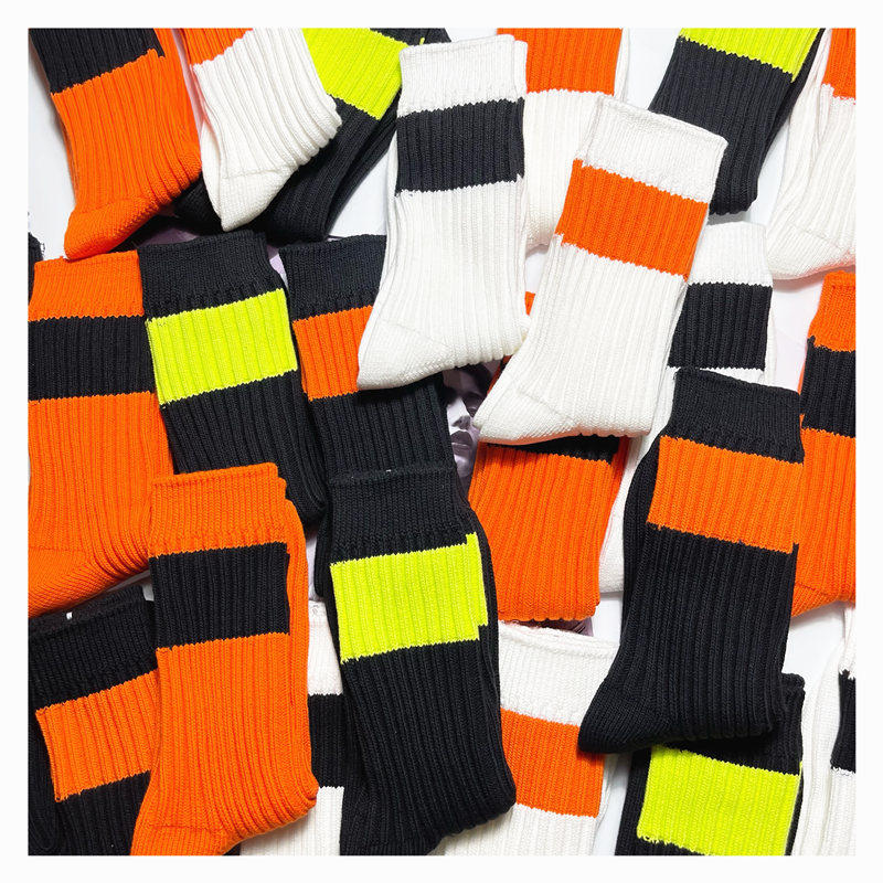 潮牌mdns余文乐橙色荧光色大杠条纹袜子全棉男女情侣工装运动潮袜