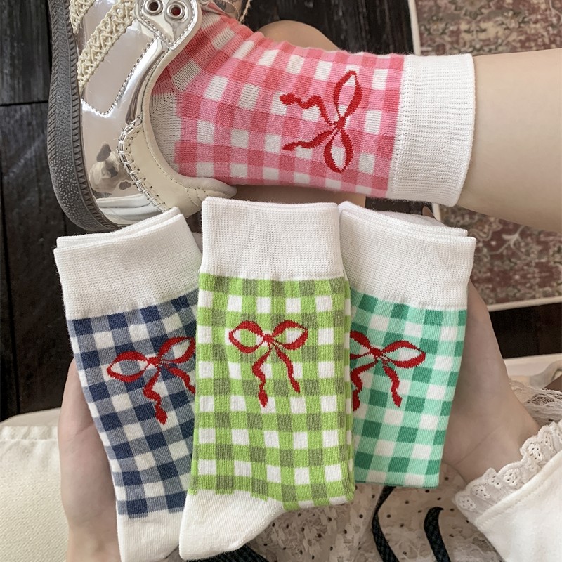 韩国彩色方块格子蝴蝶结少女袜子女复古棋盘格运动袜外穿中筒女袜
