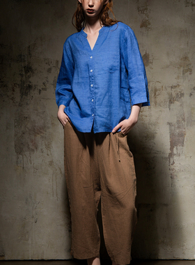 小喜家 少量现货 25春夏 Hanes x Karla 宽松亚麻亮蓝色中袖衬衫
