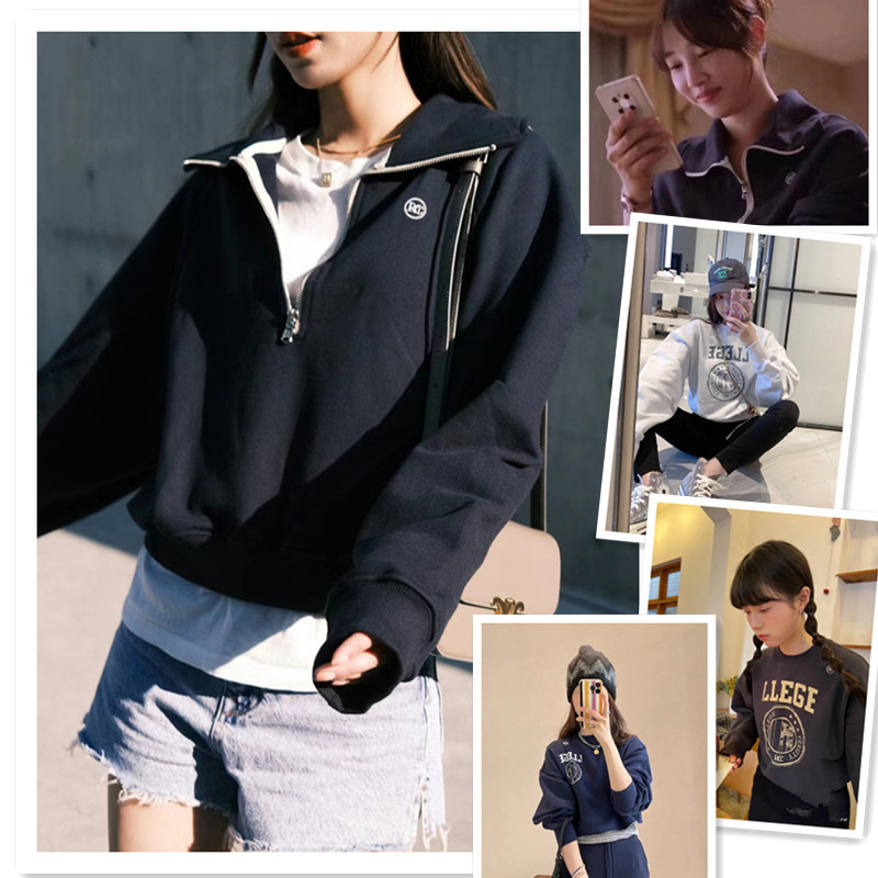 小喜家 现货 24秋冬 白百合同款韩国RECTO经典款小翻领半拉链卫衣