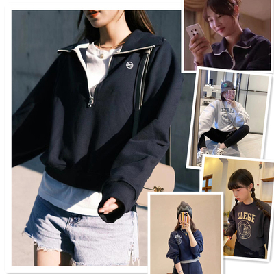 小喜家 现货 24秋冬 白百合同款韩国RECTO经典款小翻领半拉链卫衣