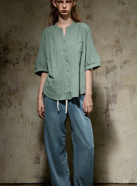 小喜家Hanes x Karla 2025夏季新款清爽豆绿色全棉短袖衬衫女