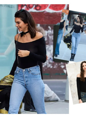 小喜家Hanes x Karla 2025春夏肯豆同款一字领黑色长袖连体上衣