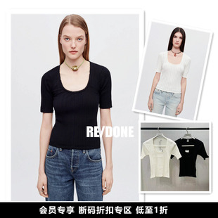 小喜家 年中折扣 春夏 REDONE 大领口修身镂空全棉卷边短袖T恤