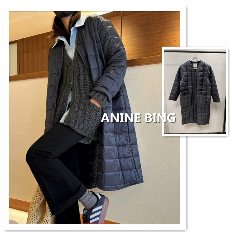 小喜家 现货 A*NINE B*ING气质暗夜蓝衍缝双口袋中长款棉服外套