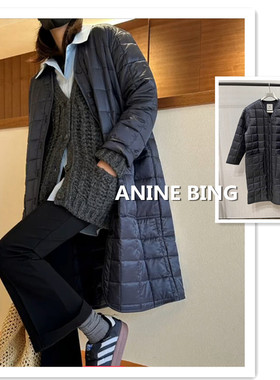 小喜家 现货 A*NINE B*ING气质暗夜蓝衍缝双口袋中长款棉服外套