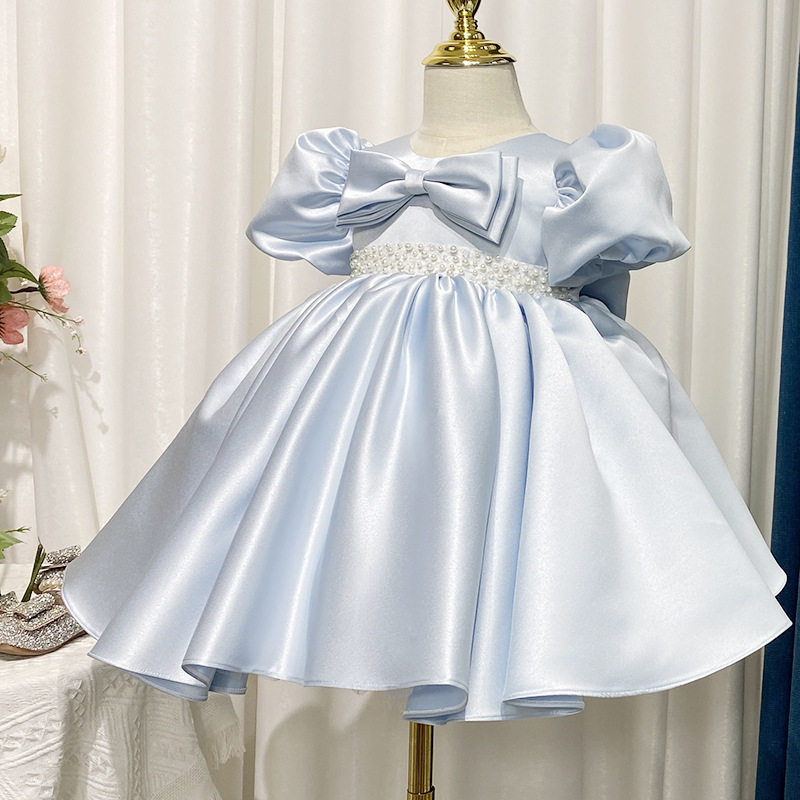 女宝宝周岁礼服2024新款生日礼服拍照泡泡袖韩版缎面公主裙蓬蓬裙