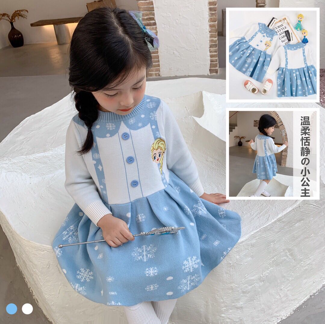 秋款女童宝宝蓝色艾莎毛衣裙背带