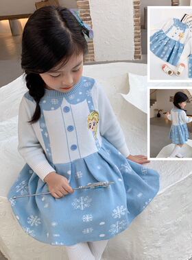 秋款女童宝宝蓝色艾莎背带假两件针织连衣裙儿童可爱公主毛衣裙