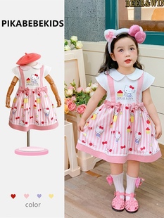ins夏款 女童宝宝粉色凯蒂猫背带假两件连衣裙儿童甜美卡通公主裙