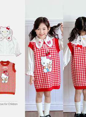 韩版春秋女童宝宝凯蒂猫红色格子背心毛衣裙儿童甜美卡通马甲裙
