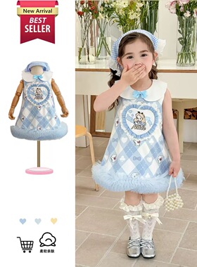 ins夏款女童宝宝爱丽丝蓝色格子蓬蓬连衣裙甜美气质卡通公主裙