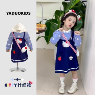 ins冬春女童宝宝凯蒂猫背带假两件连帽毛衣裙卡通萌趣针织连衣裙