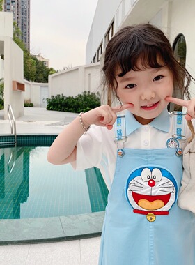 春夏款女童宝宝蓝色机器猫背带裙儿童可爱学院风叮当猫卡通裙